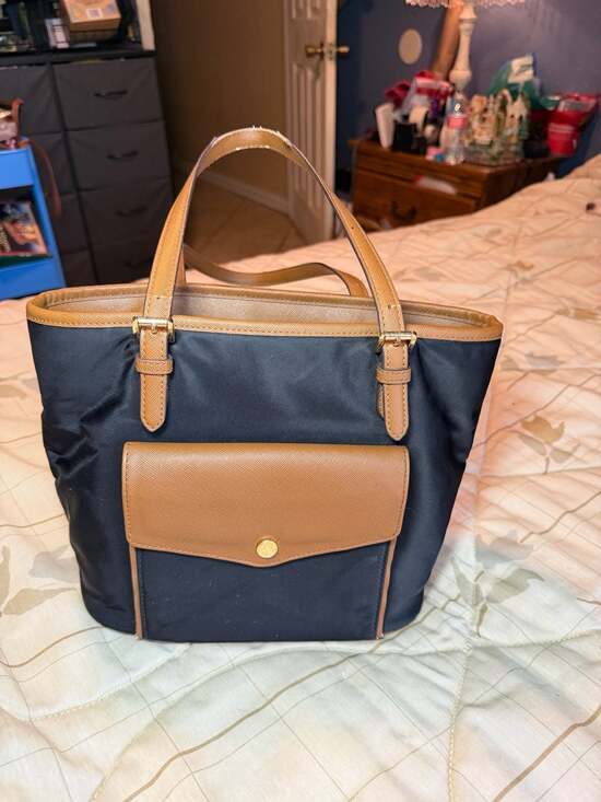 Michael Kors Handbags - Michael Kors Black Nylon and Brown Saffiano Leather Tote Bag